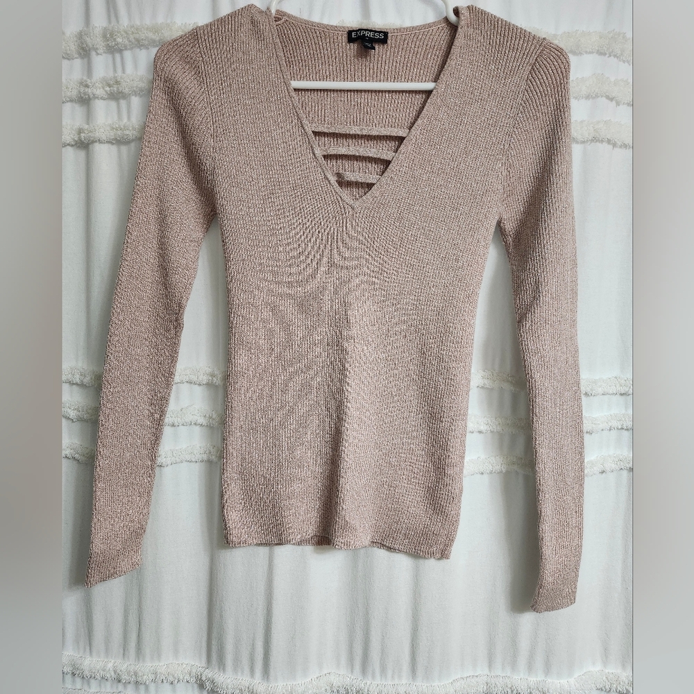 Express Blush V-Neck Sweater with Strappy Design.